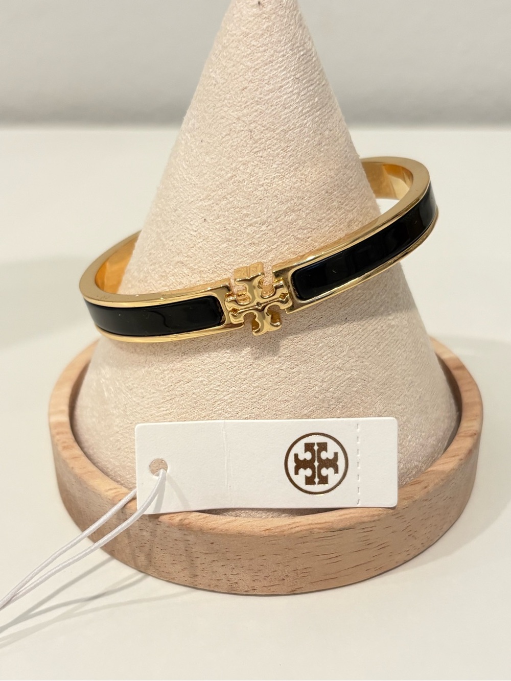 Tory Burch Black and Gold Logo Hinge Bangle